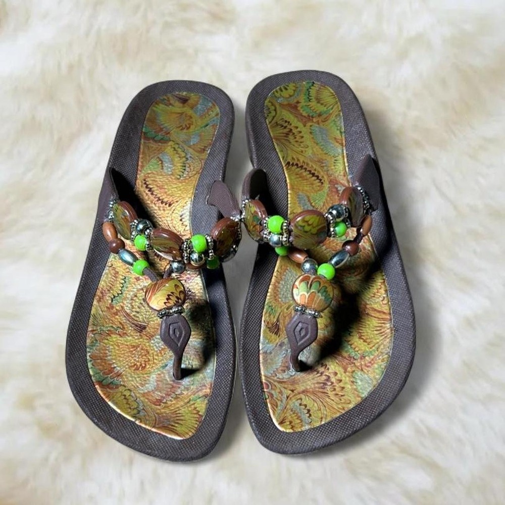 Vintage Y2K Beaded Thong Sandals Brown Floral Paisley Boho Flip Flops Size 7